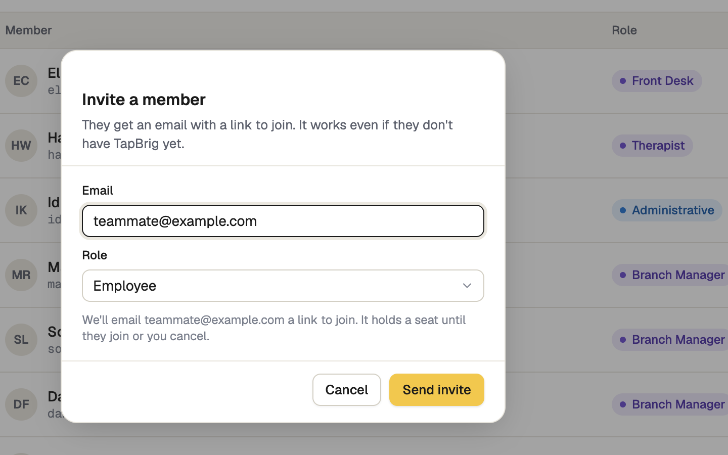 Invite a member window with email, role and Send invite button