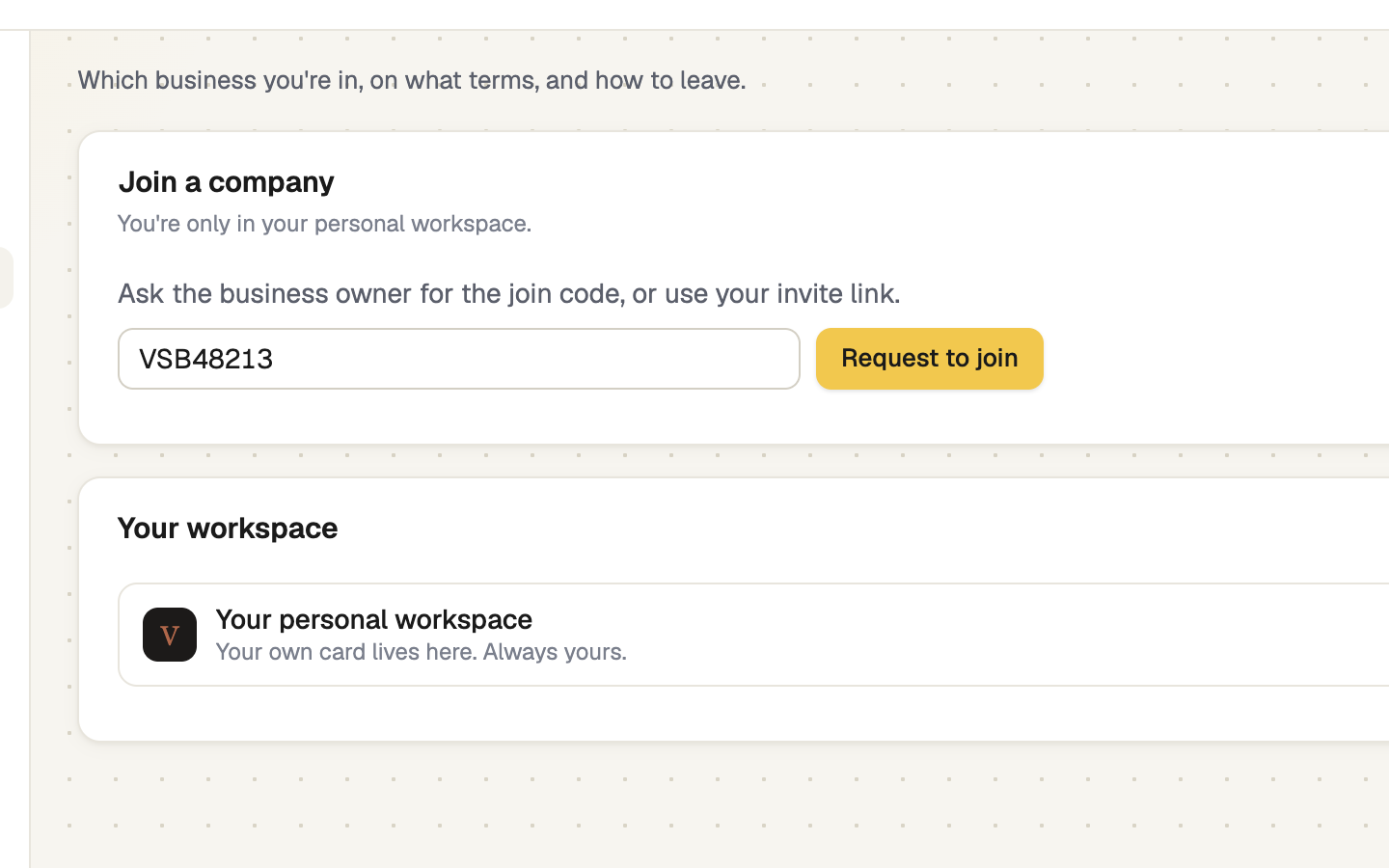 Your workspace page with join code field and Request to join button