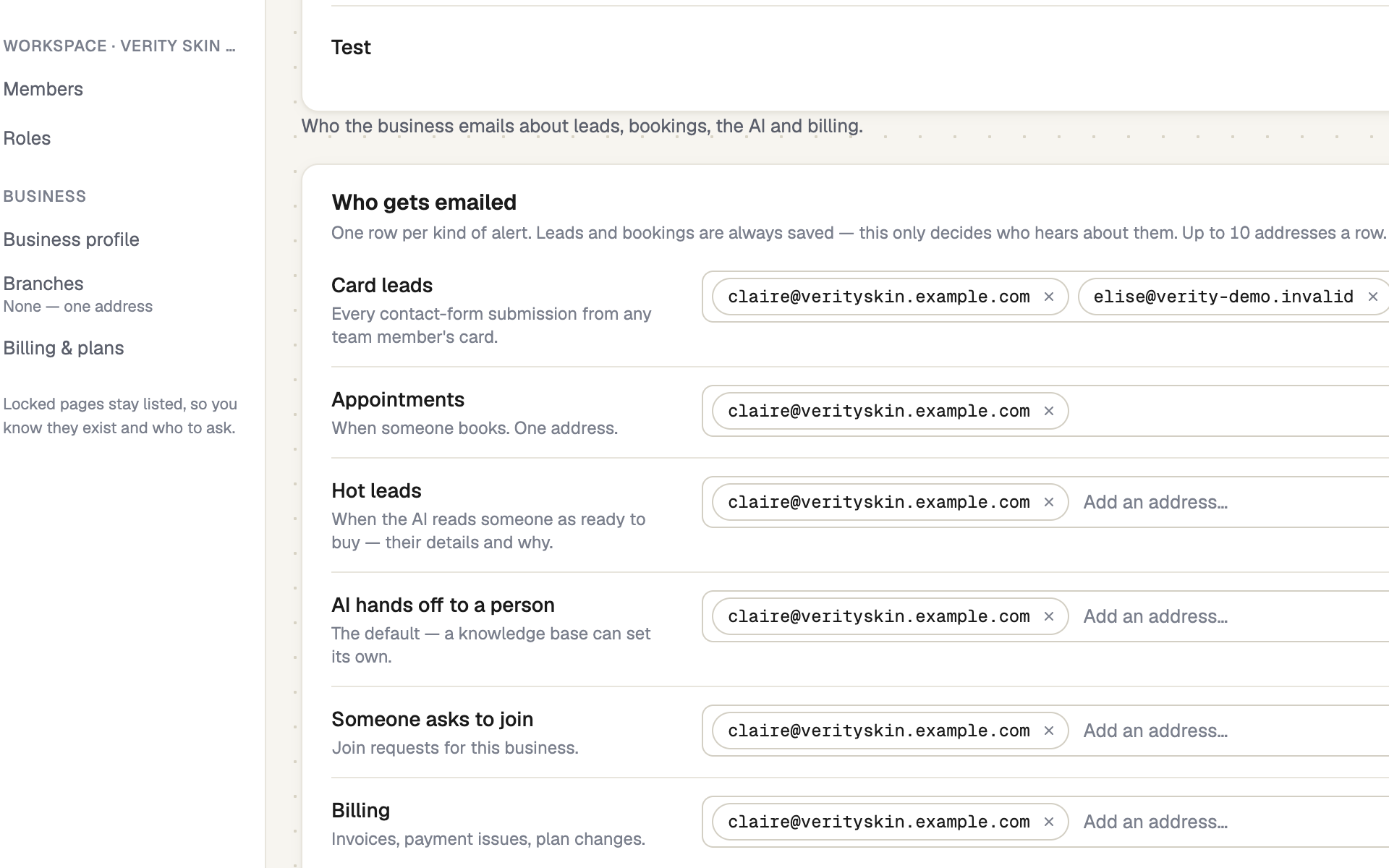 Who gets emailed card, one row per kind of alert