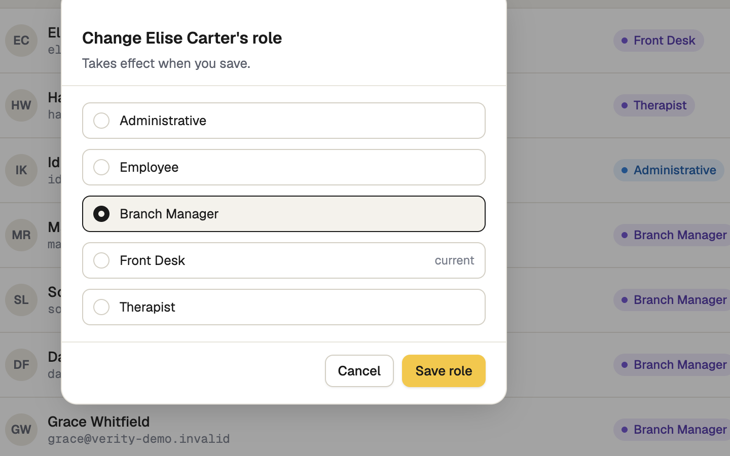 Change role window with a list of roles and Save role button