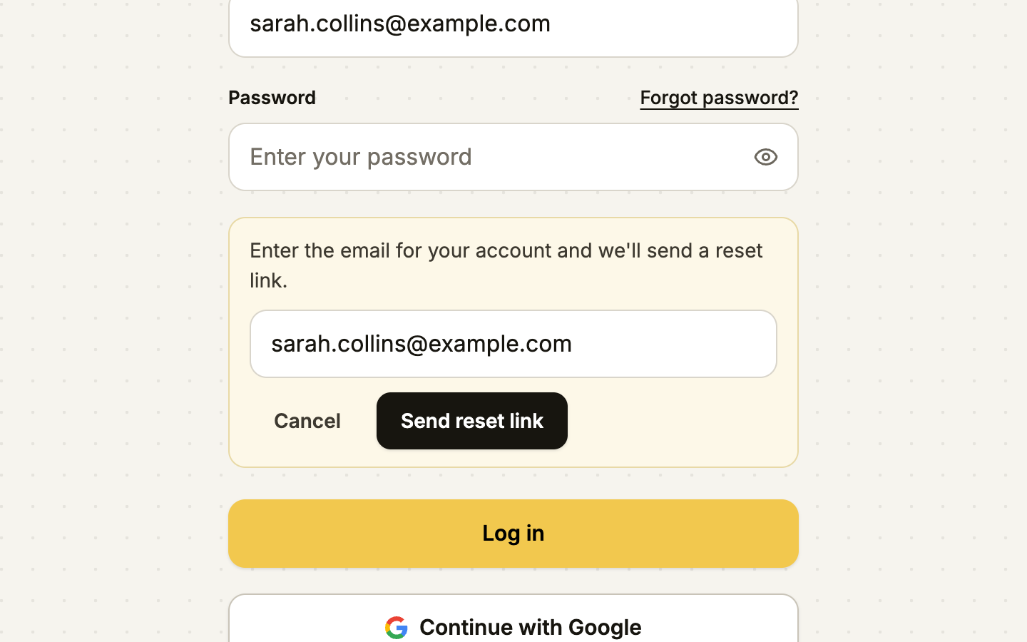 Log-in page with the Forgot password panel open