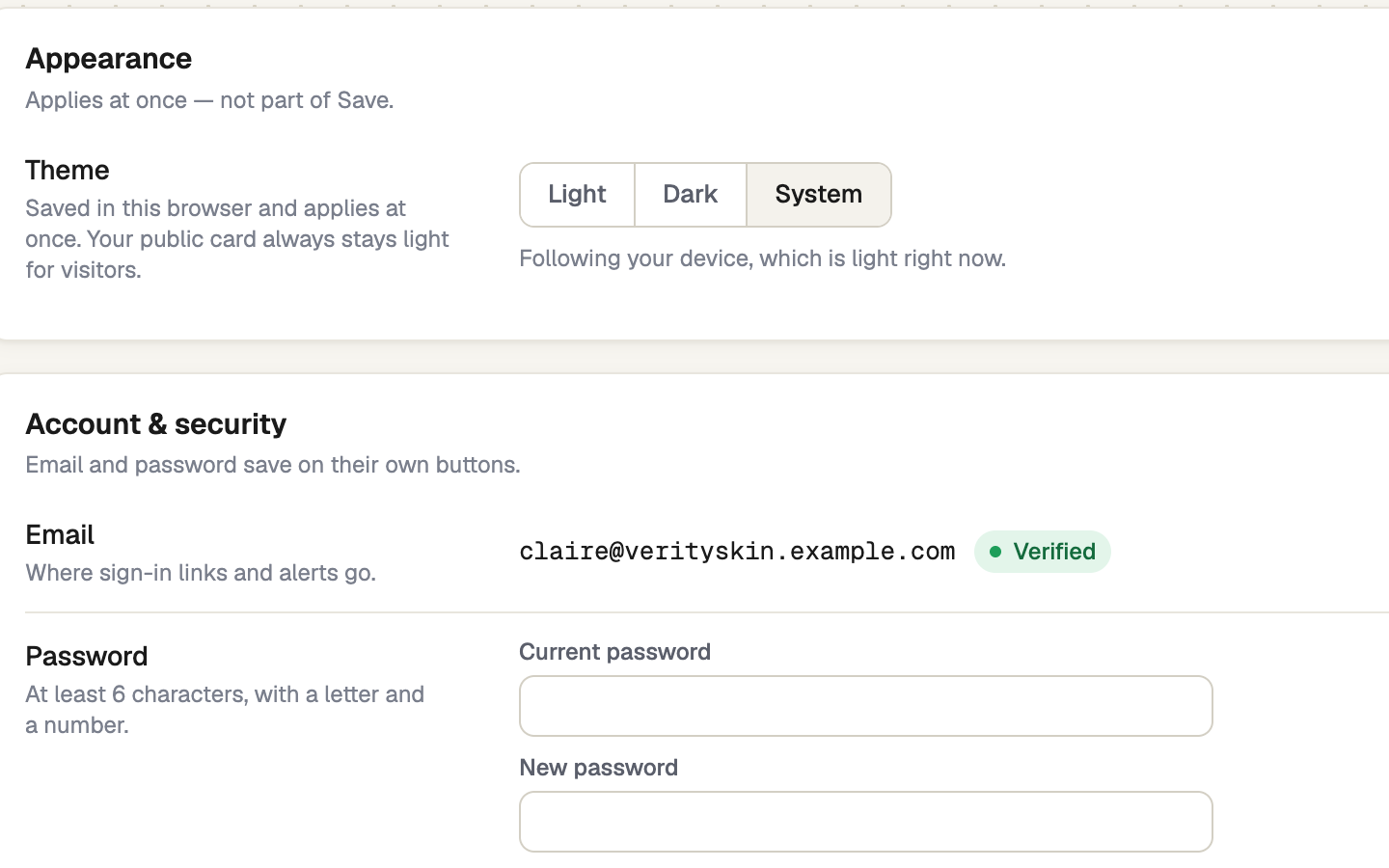 Account and security card with email status and password fields