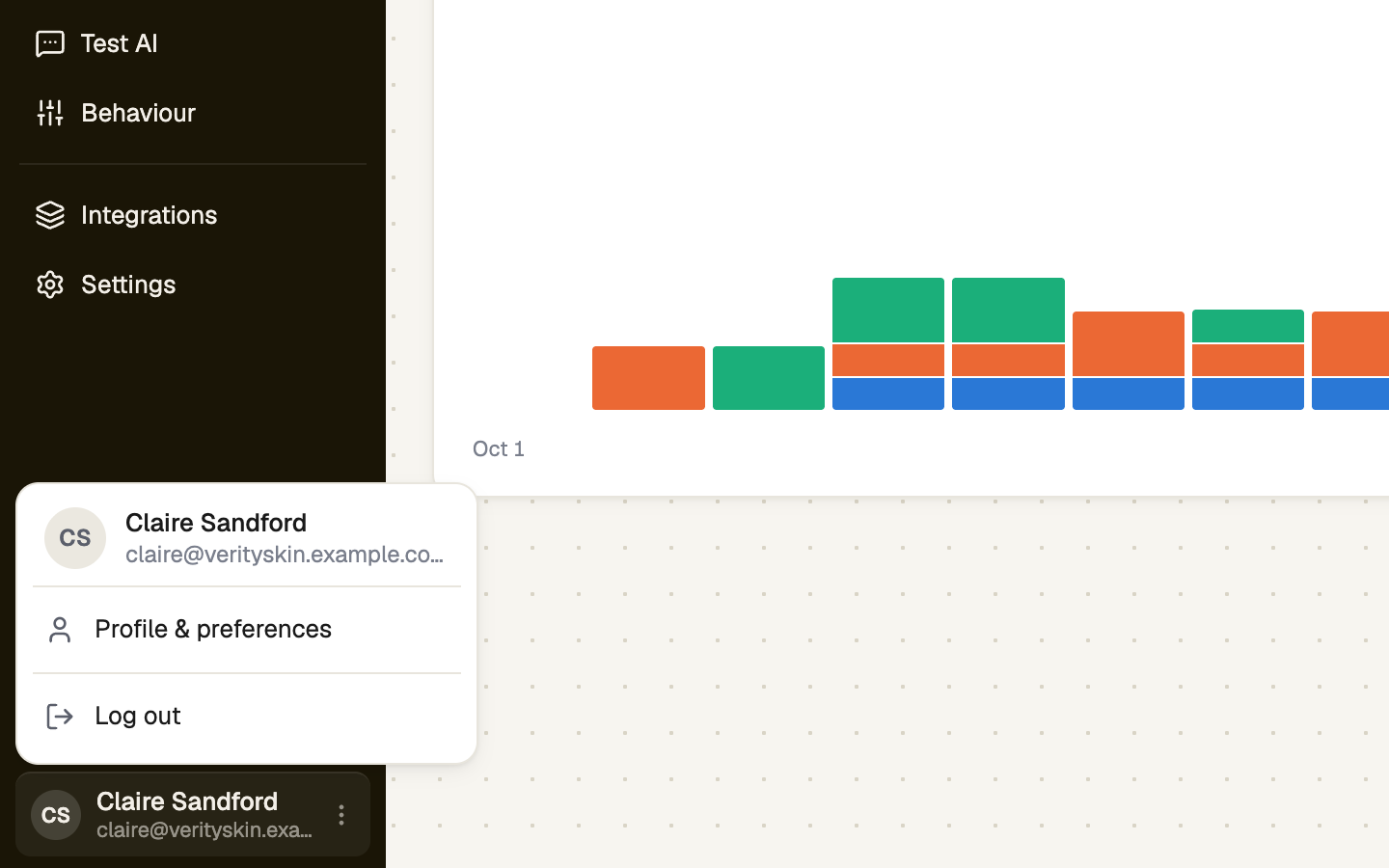 Account menu open at the foot of the sidebar with Log out