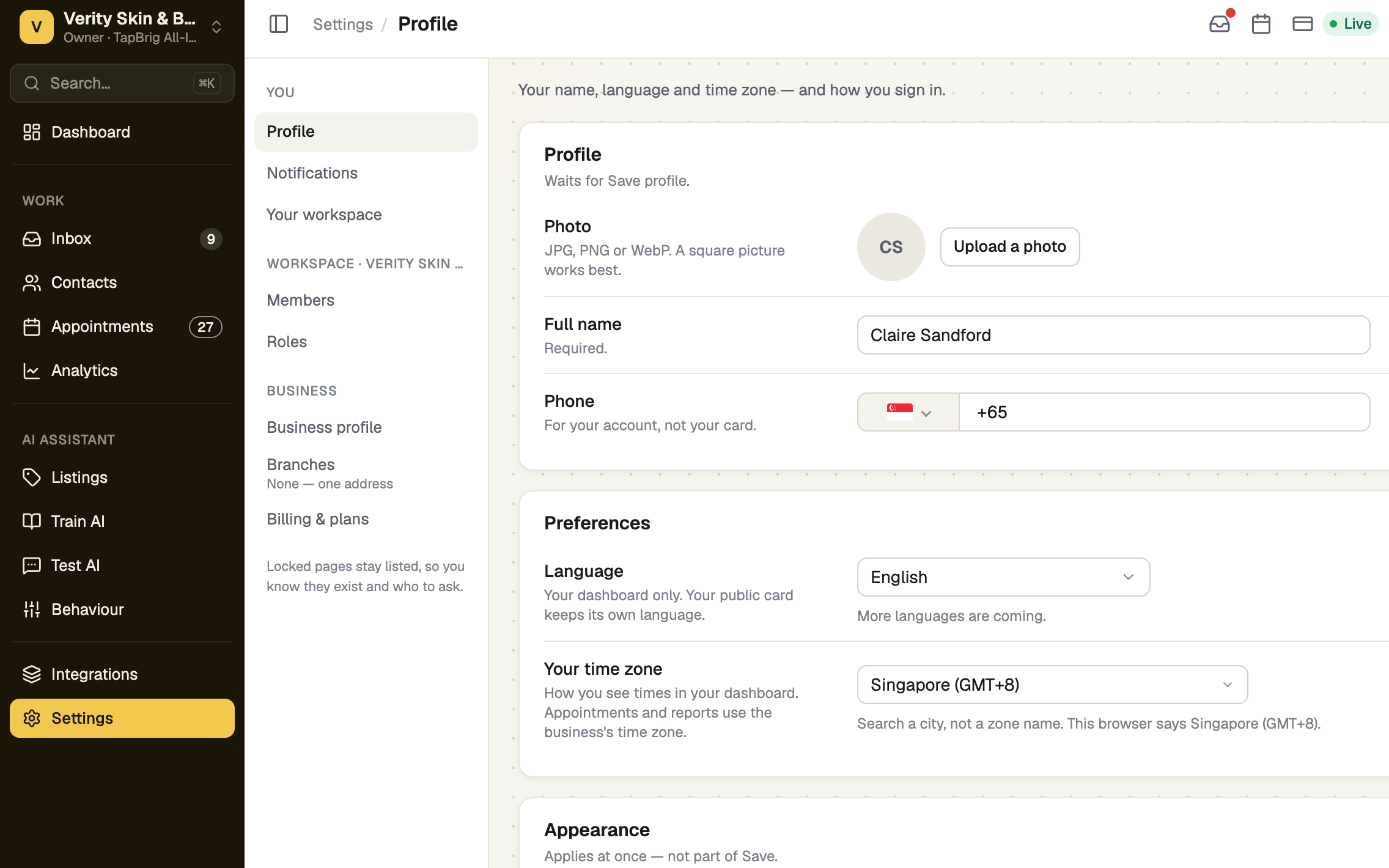 Profile page with photo, name, phone, language and time zone