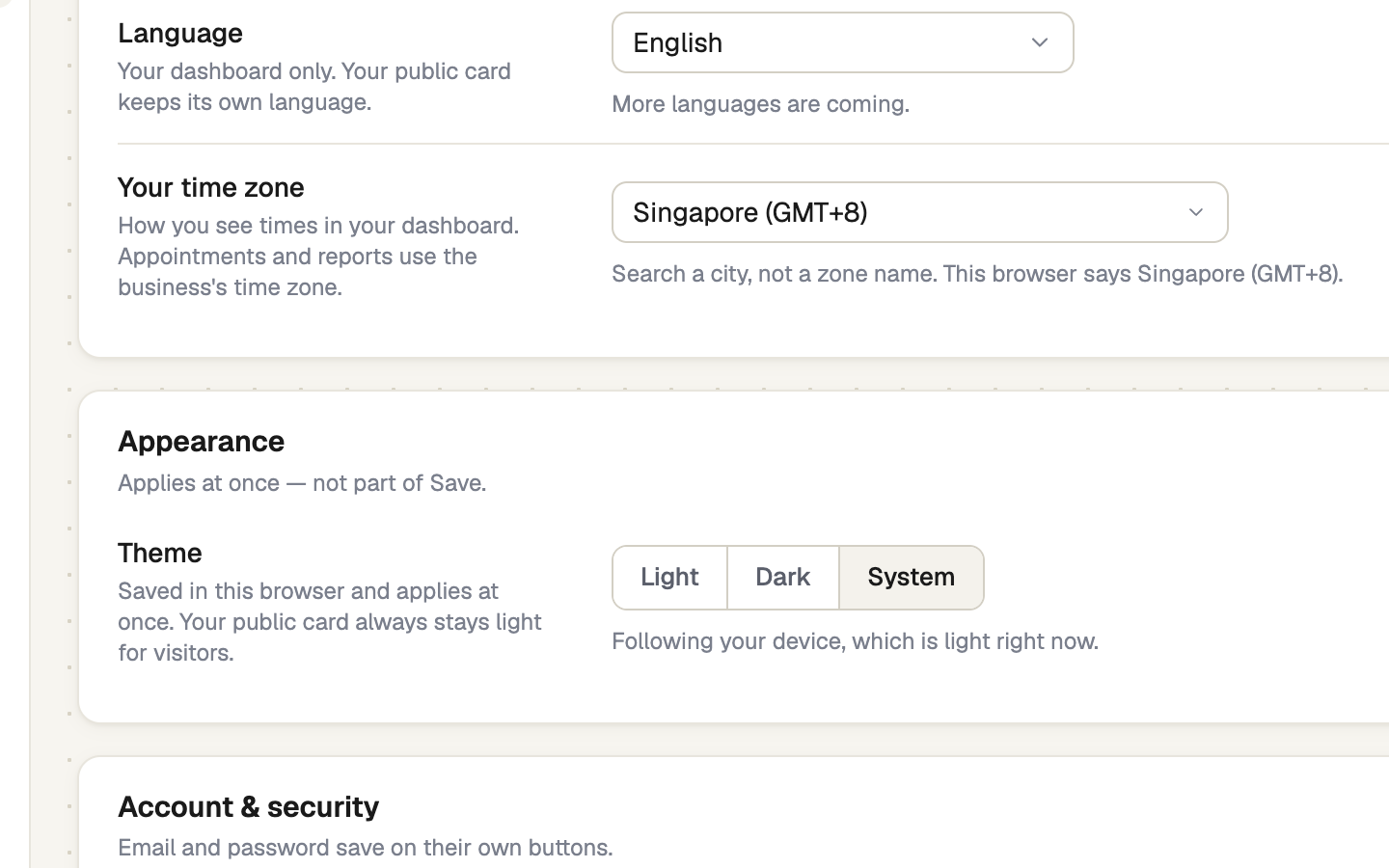 Appearance card with Light, Dark and System choices above Account and security