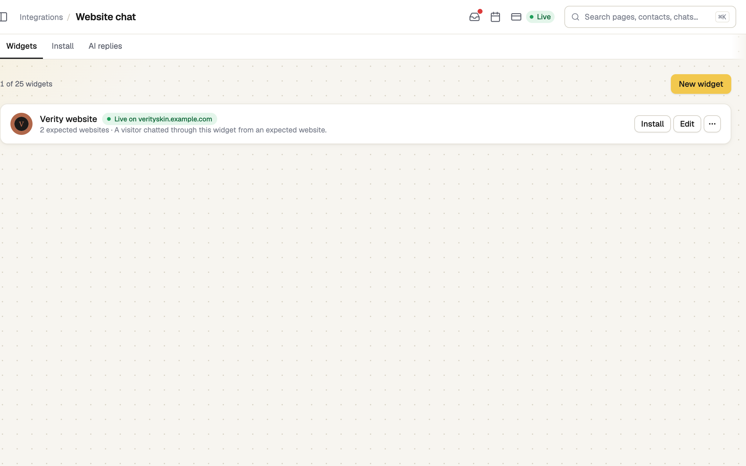 Website chat Widgets tab with one widget and the New widget button