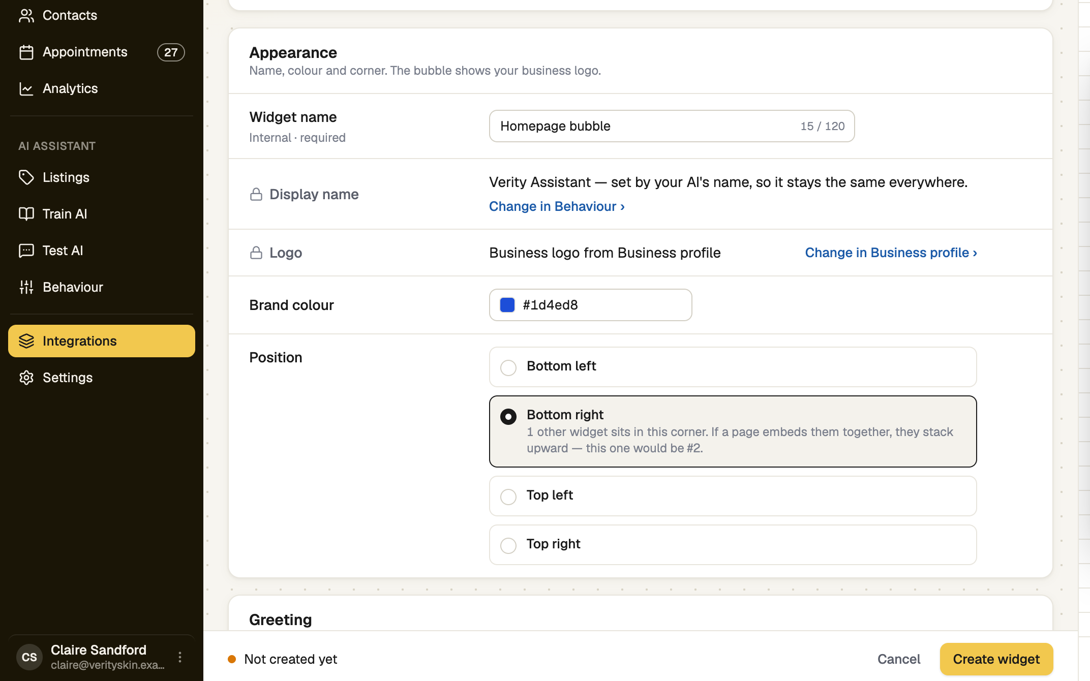 Widget editor with the Appearance and Greeting cards