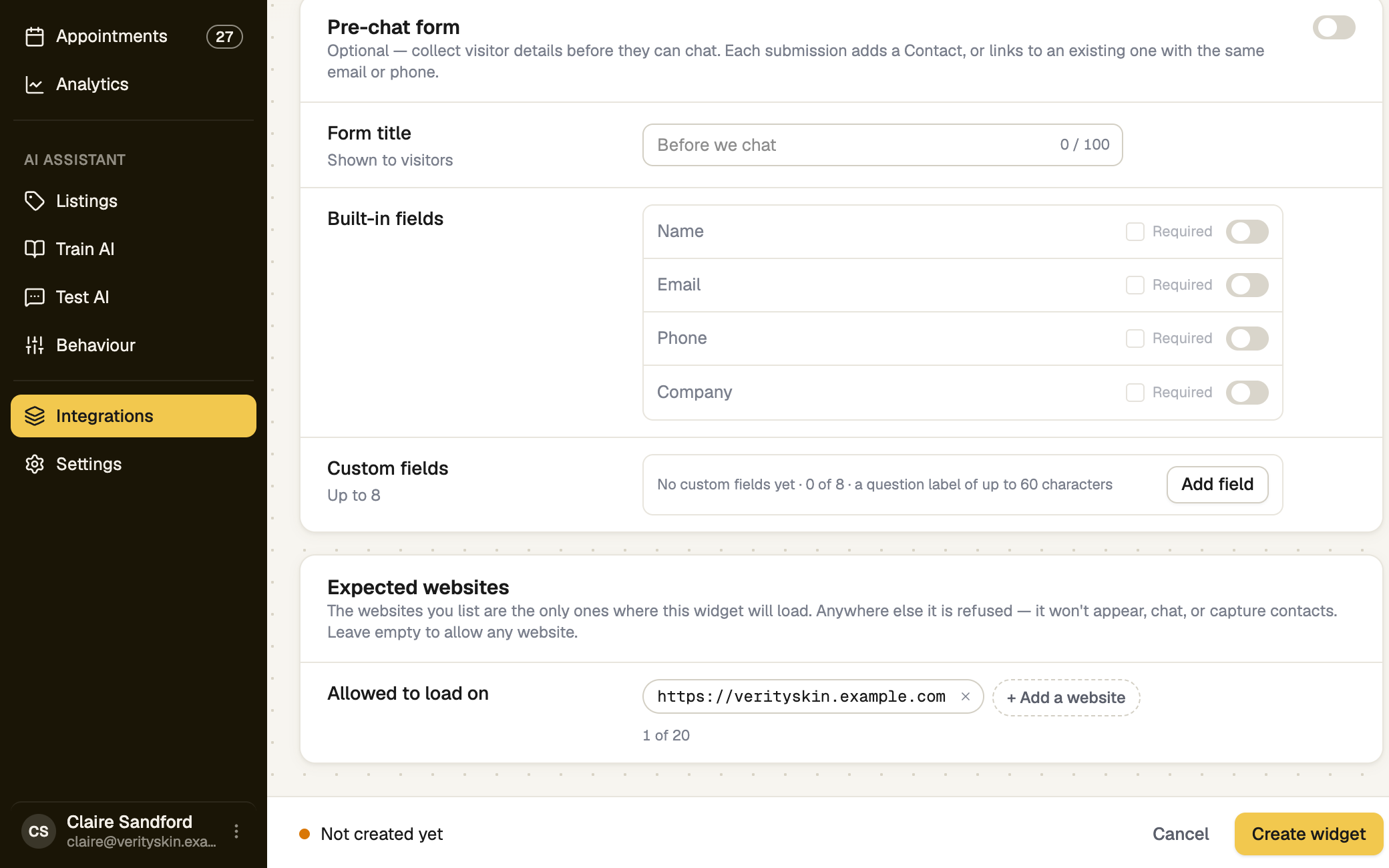 Expected websites card and the Create widget bar