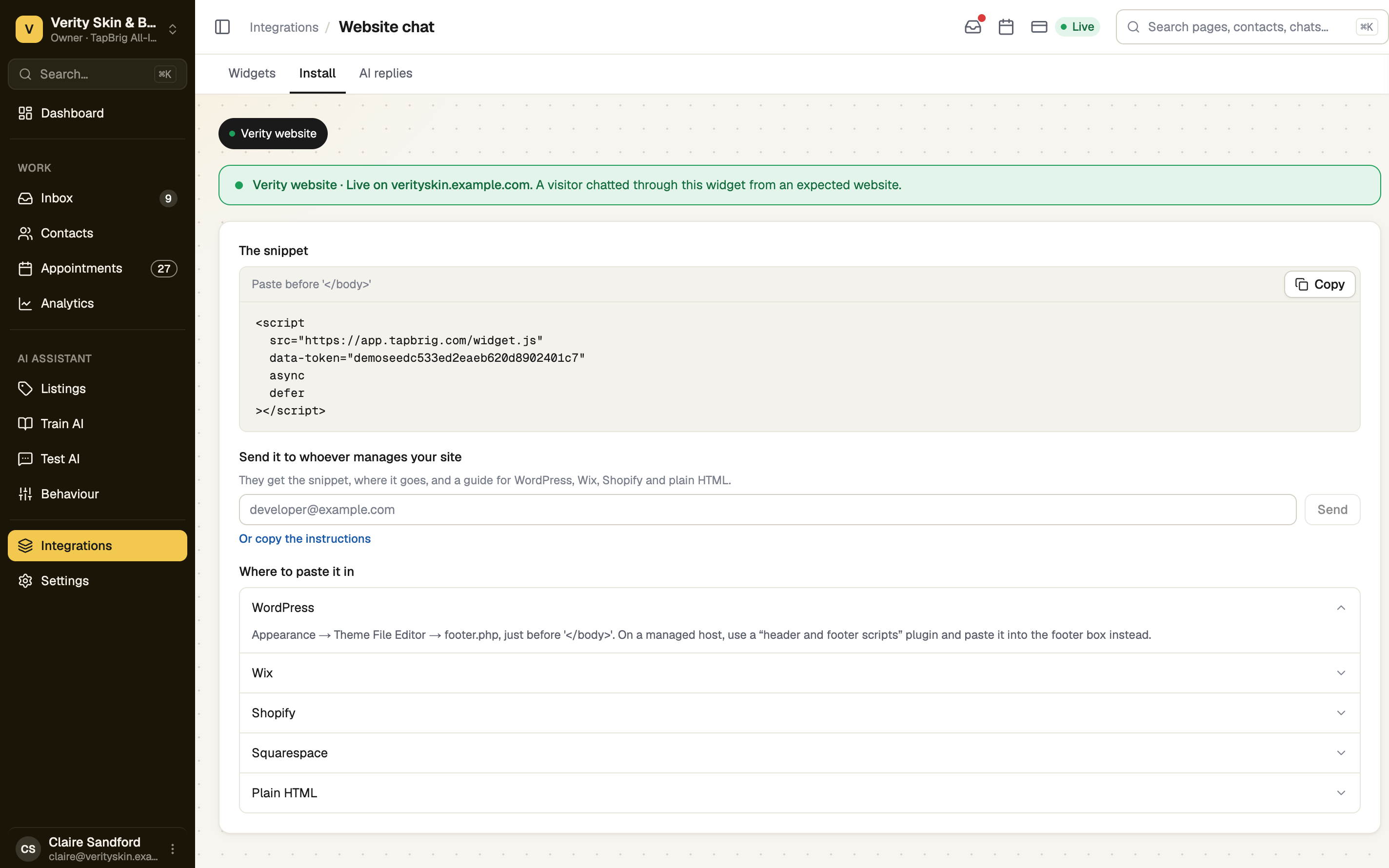 Install tab with the snippet, Copy button and builder guides