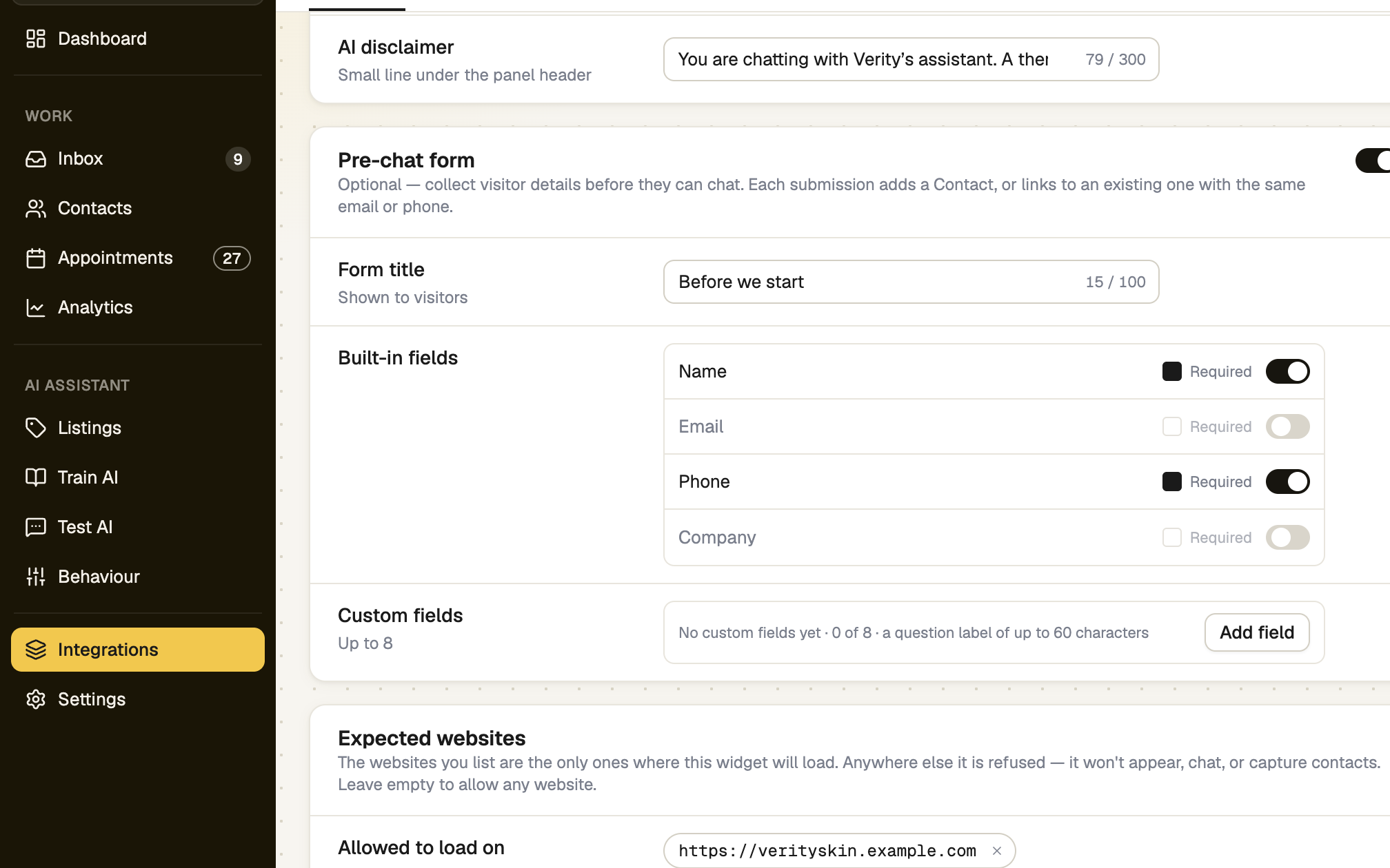 Expected websites card in the widget editor