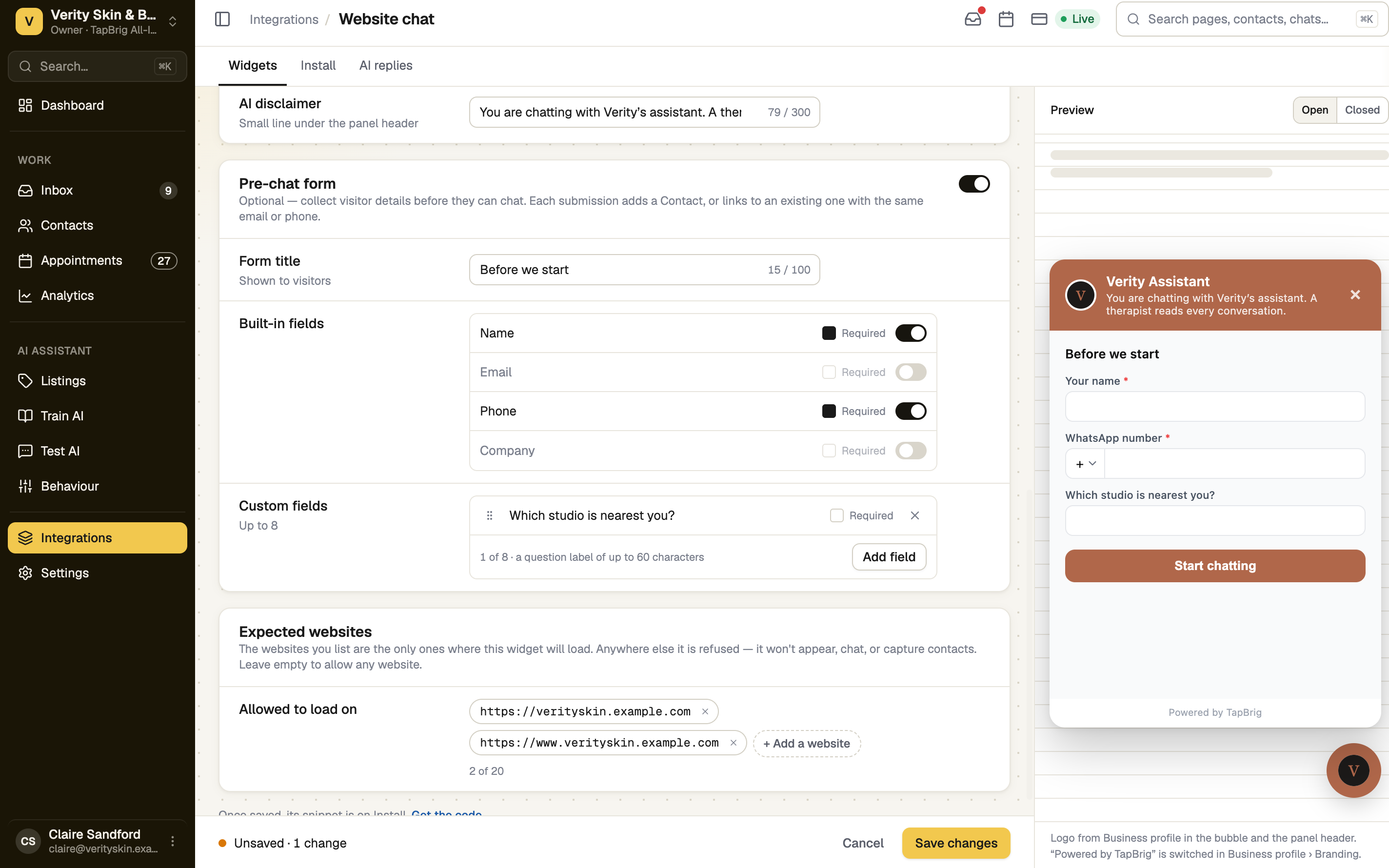 Pre-chat form card in the widget editor with built-in and custom fields
