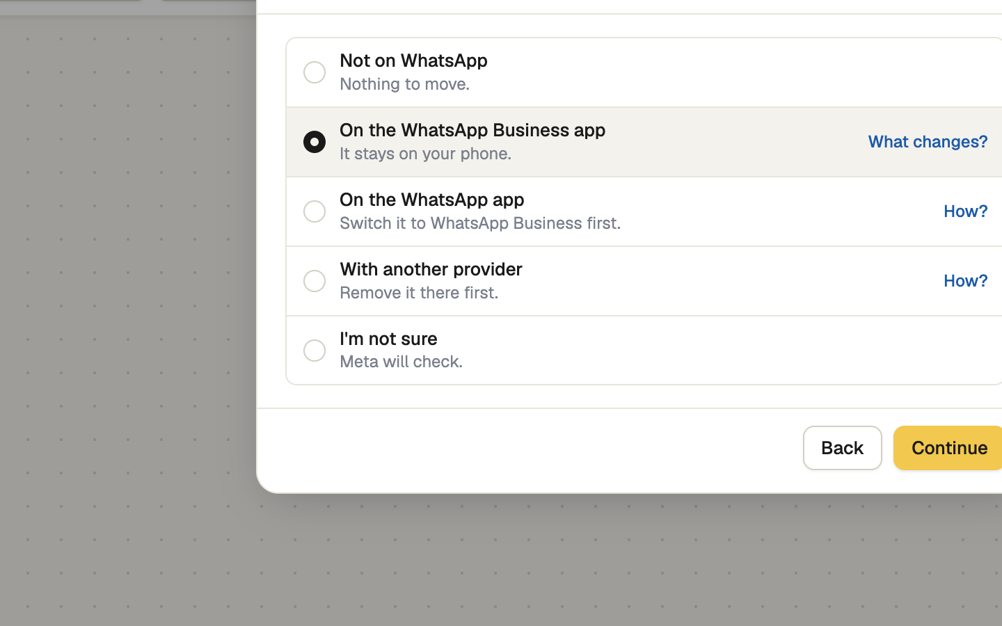 Connect WhatsApp window asking where the number is now
