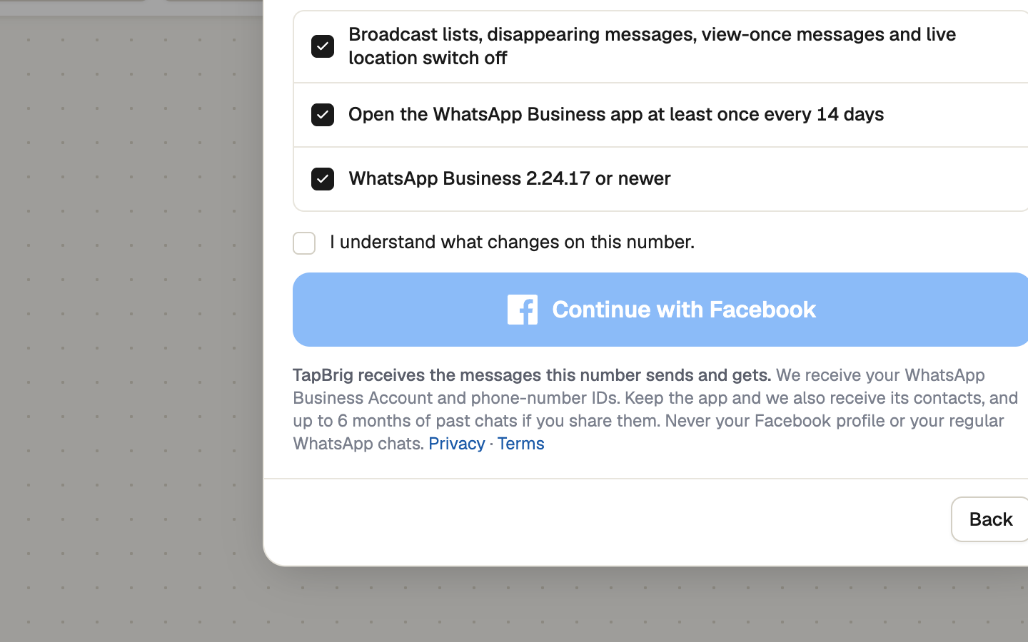 Connect WhatsApp window listing what changes on your phone