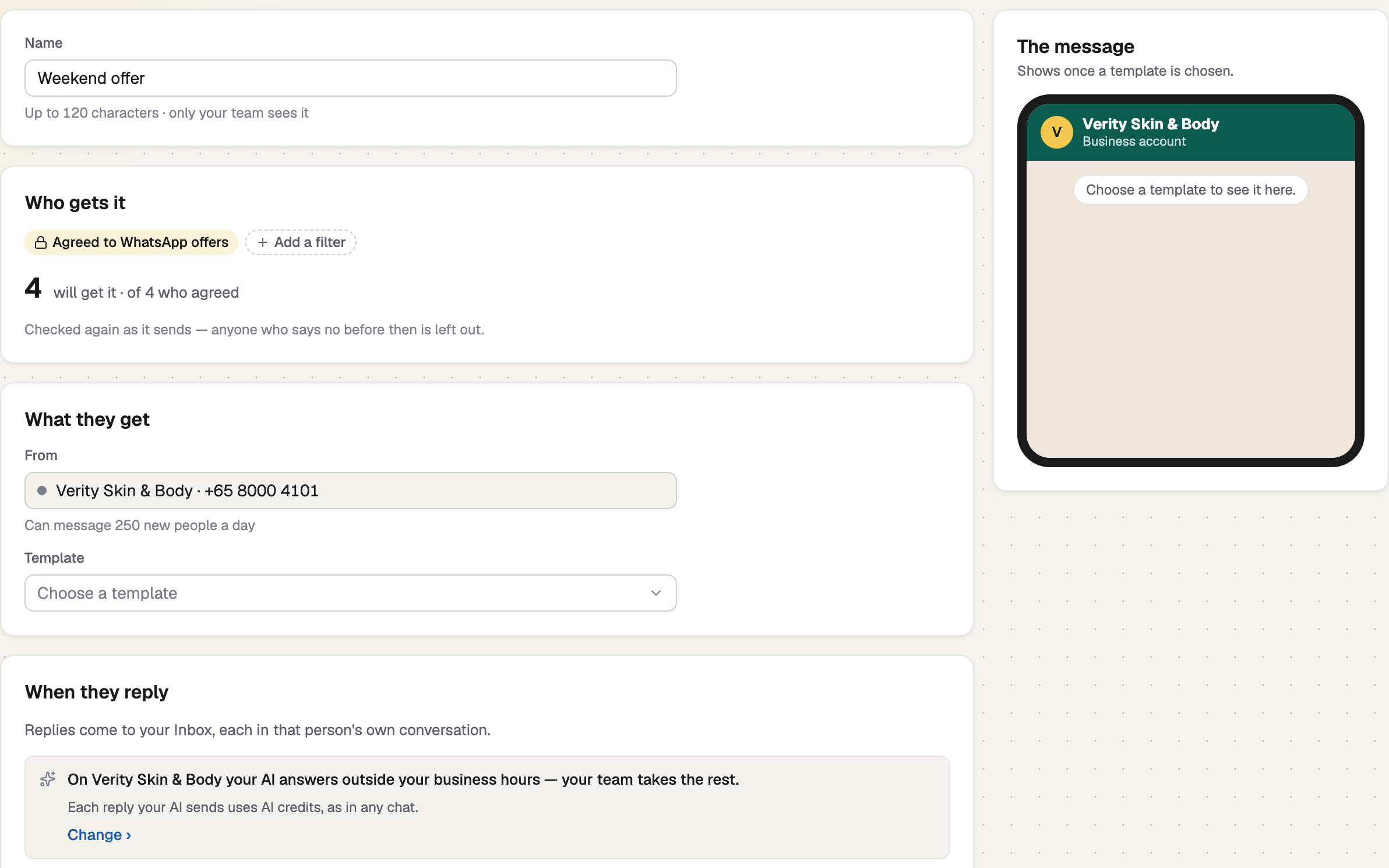 New broadcast page with who gets it, the template and the message