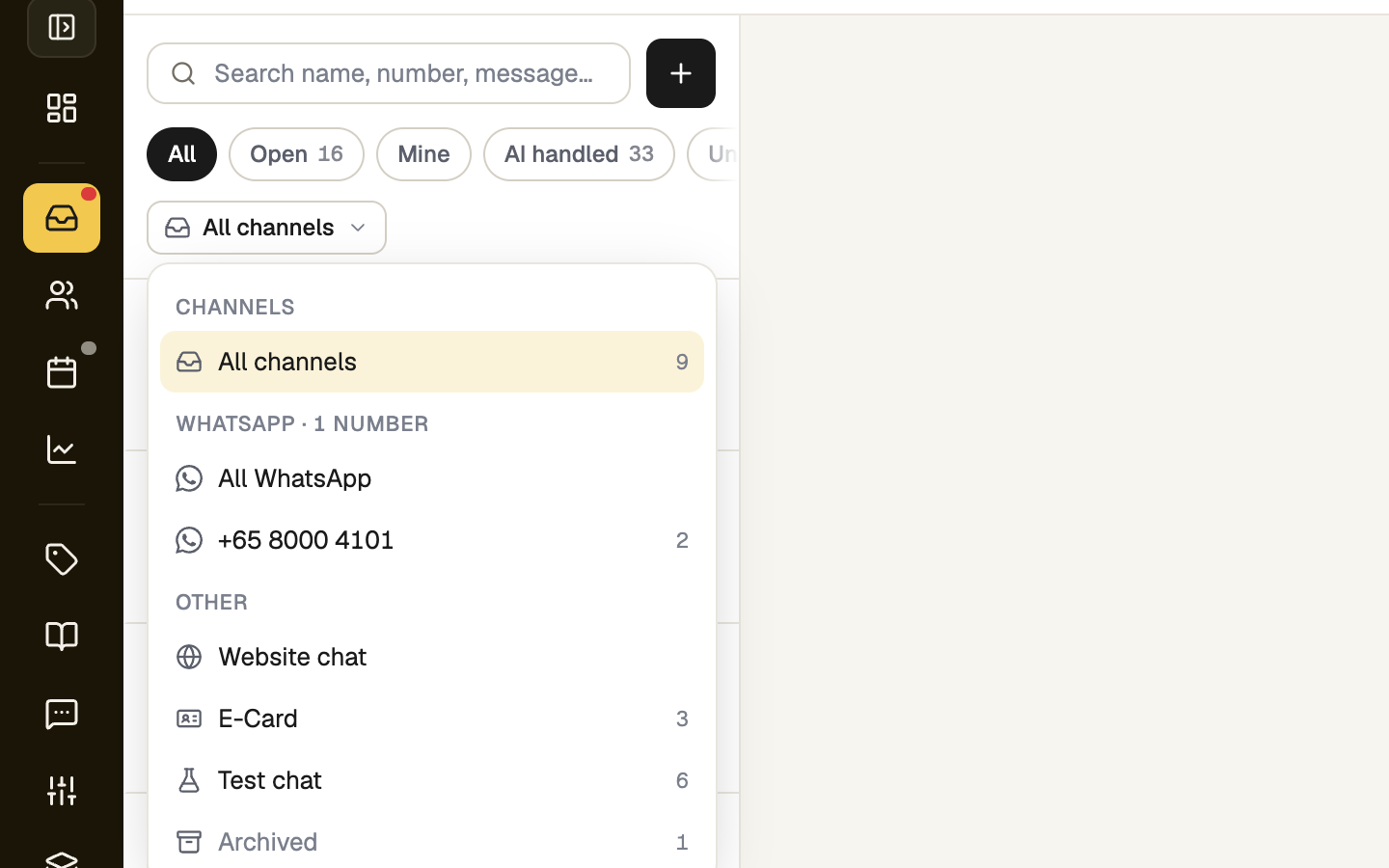 Inbox scope menu listing each WhatsApp number