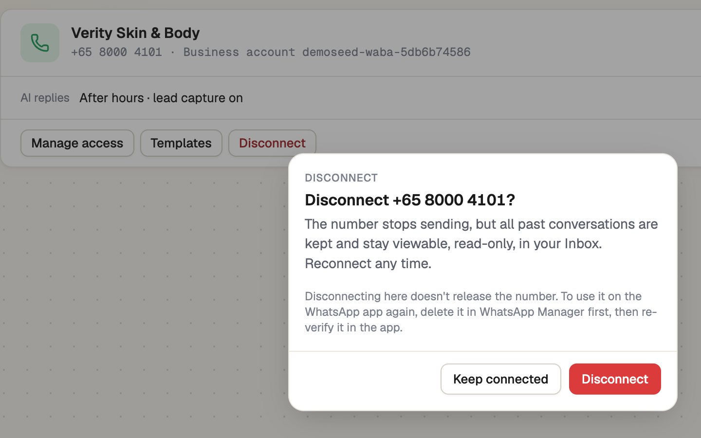 Disconnect confirmation for a WhatsApp number