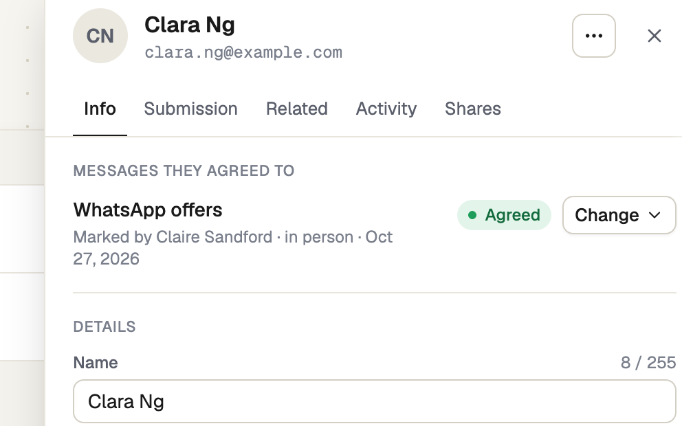 A contact's panel showing their answer to WhatsApp offers