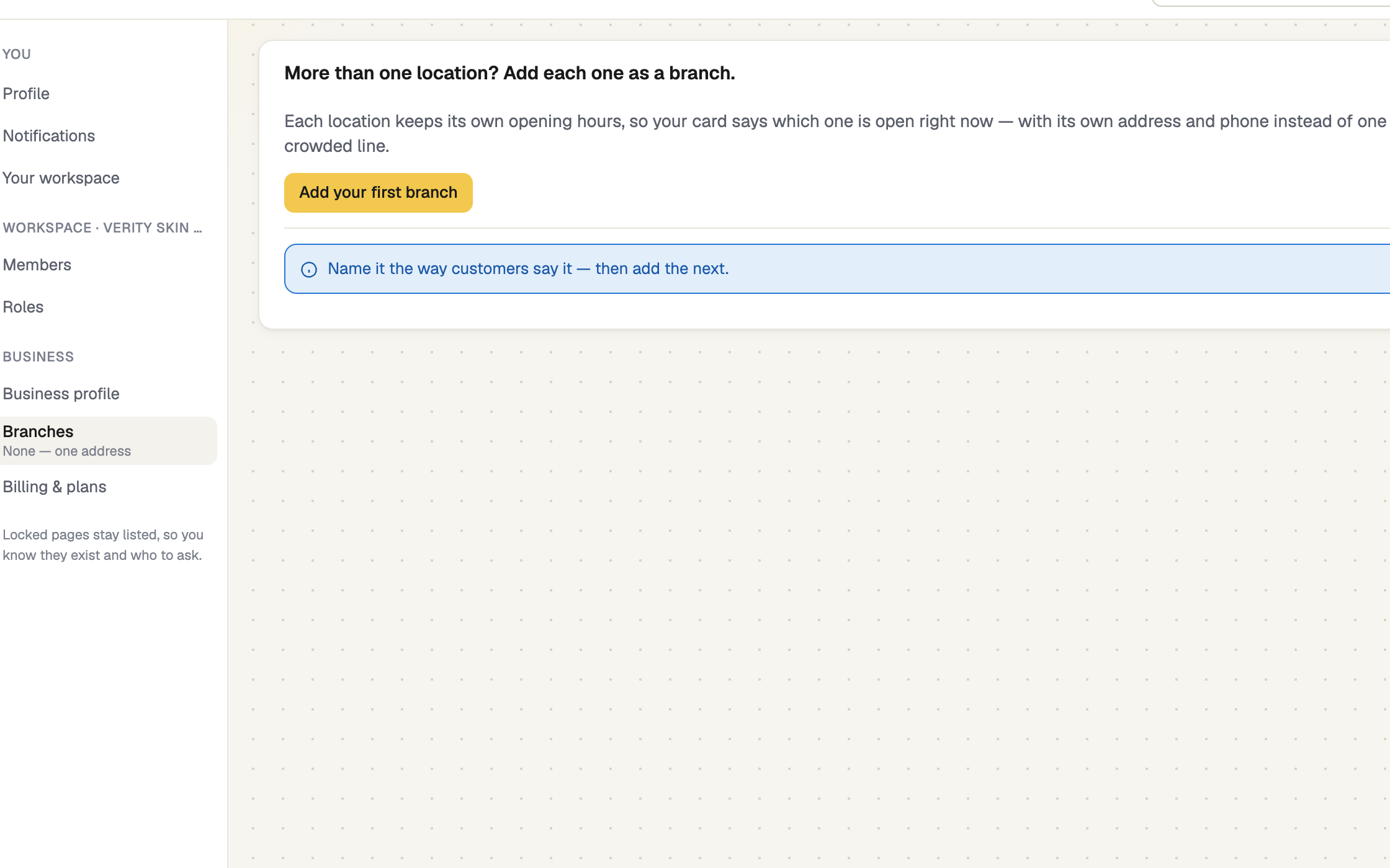 Branches page with no branches and an Add your first branch button