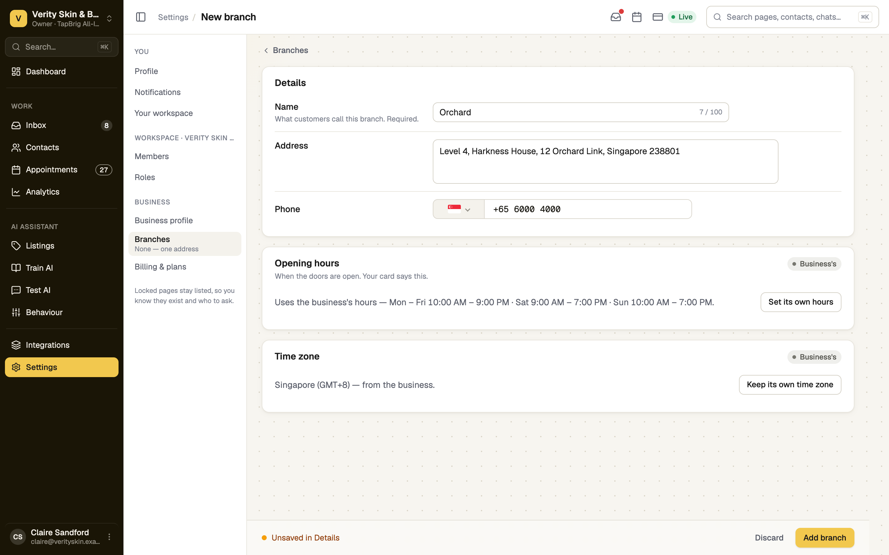 New branch page with details, hours and time zone cards