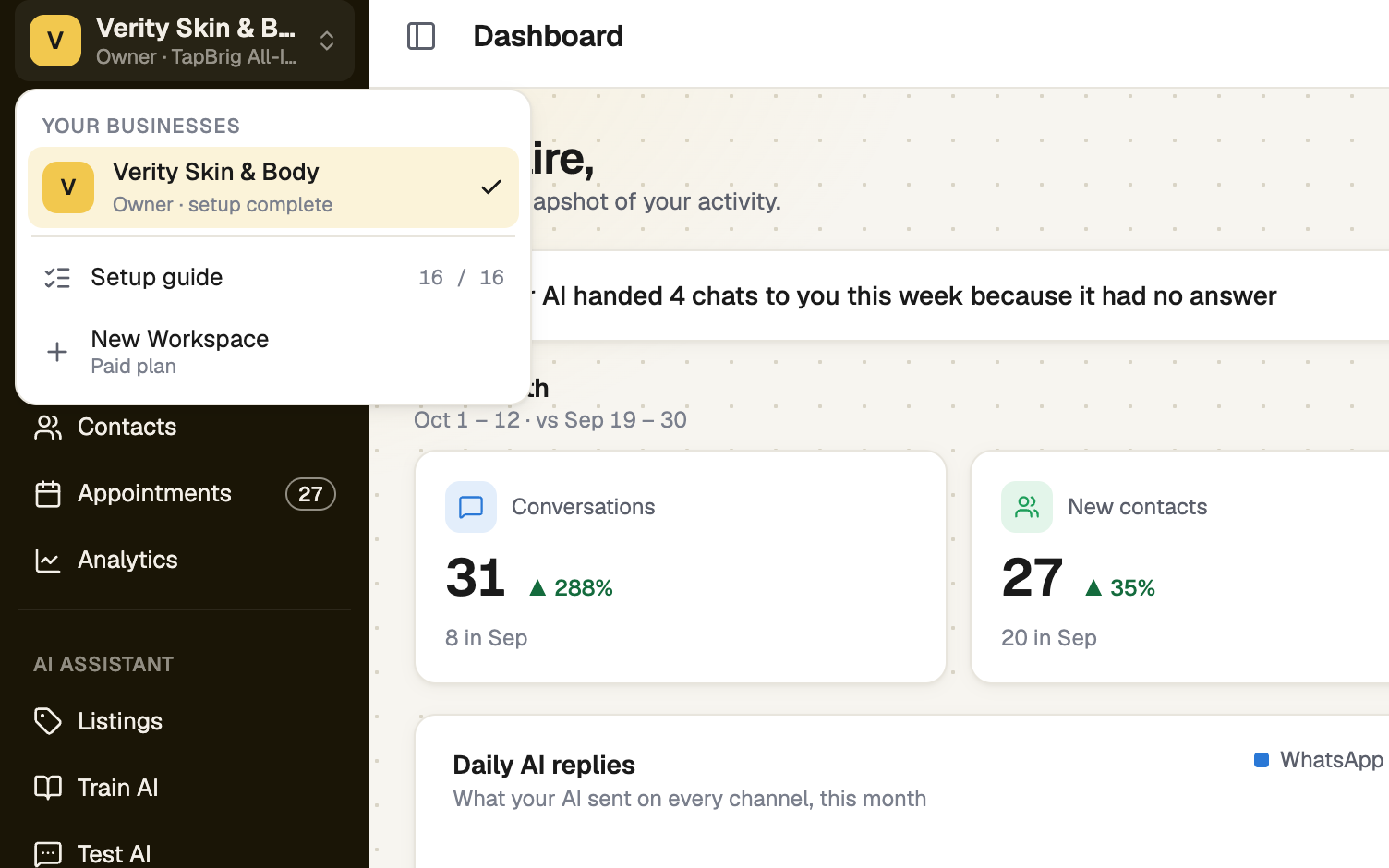 Business switcher menu with New Workspace below Your businesses