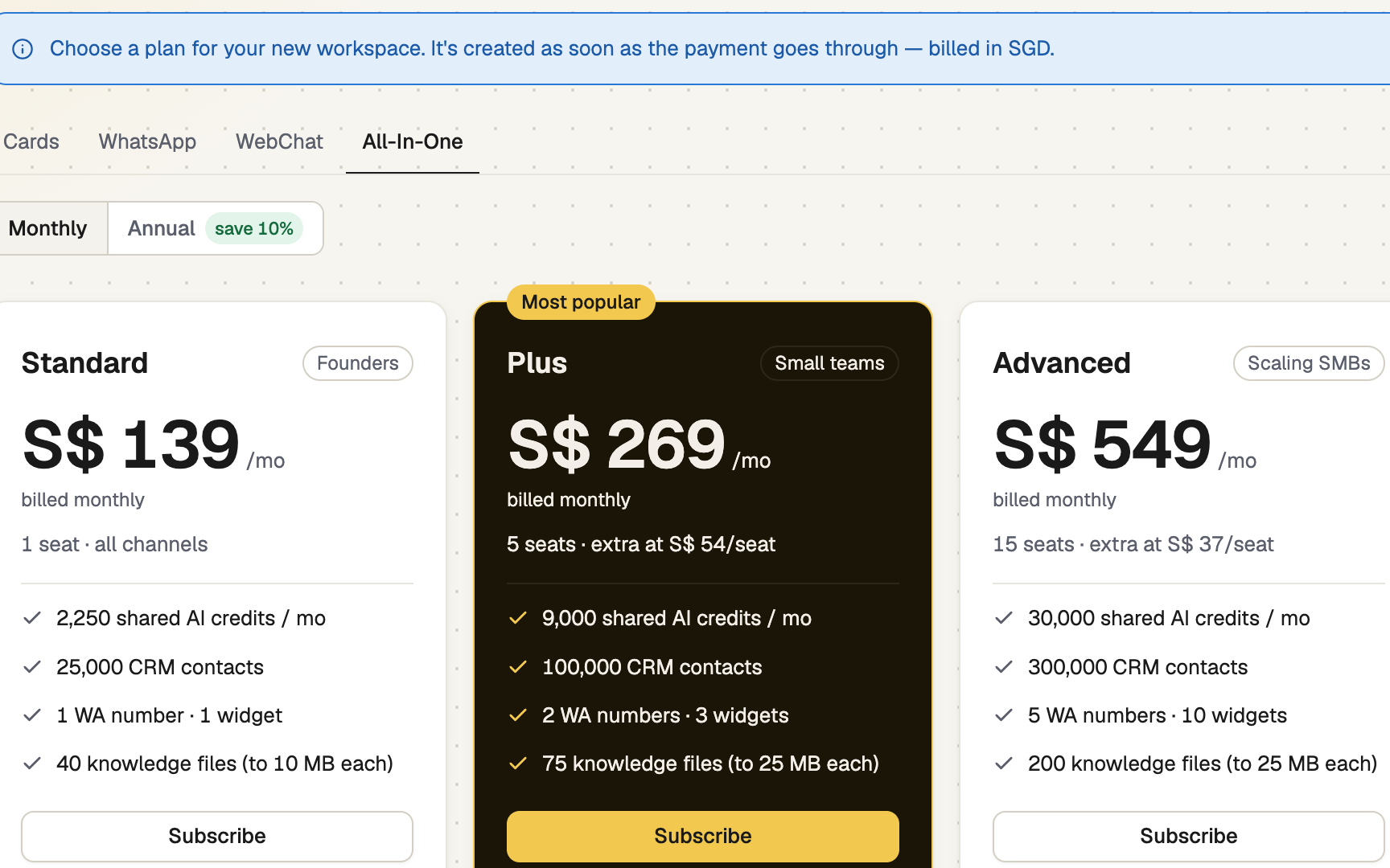 Change plan page for a new workspace with the Subscribe buttons