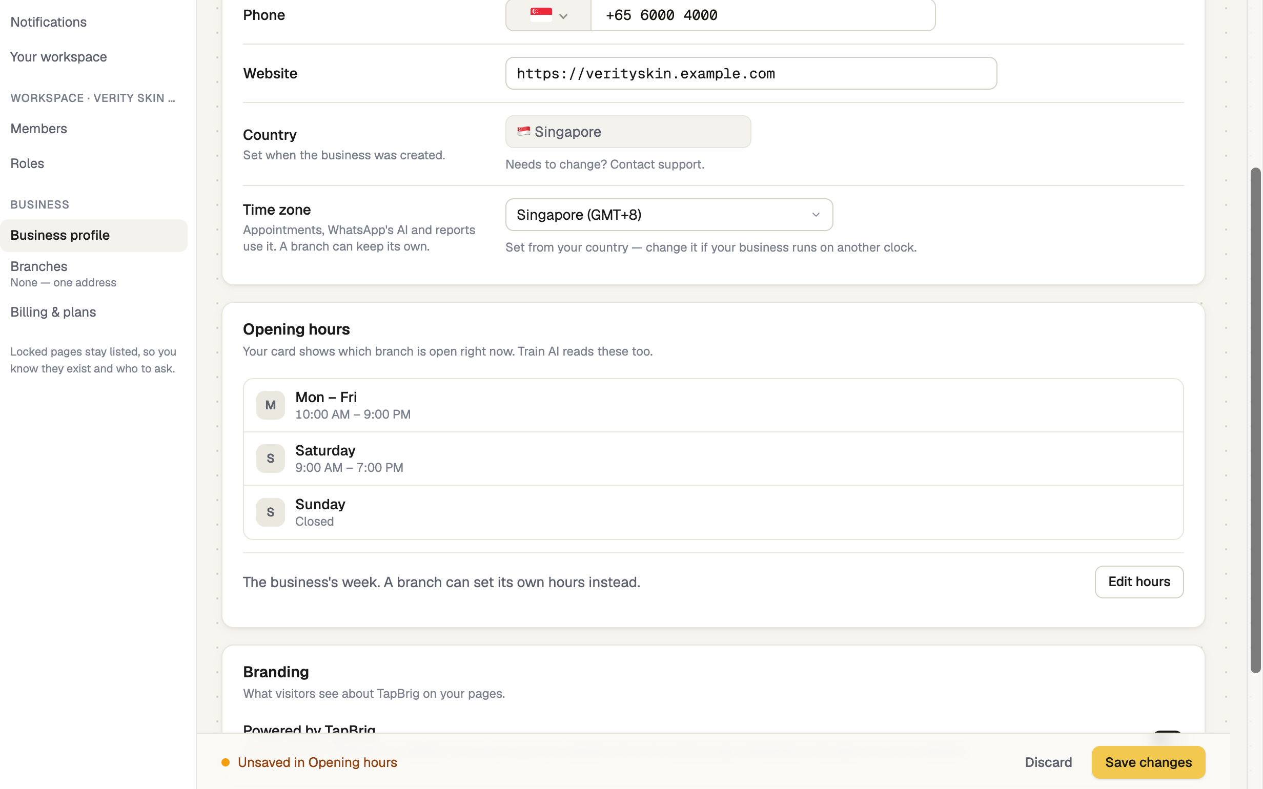 Business profile Opening hours card with the week and Edit hours button