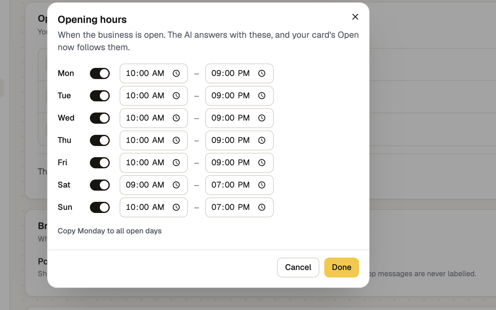 Edit hours window with a row per day and Done button
