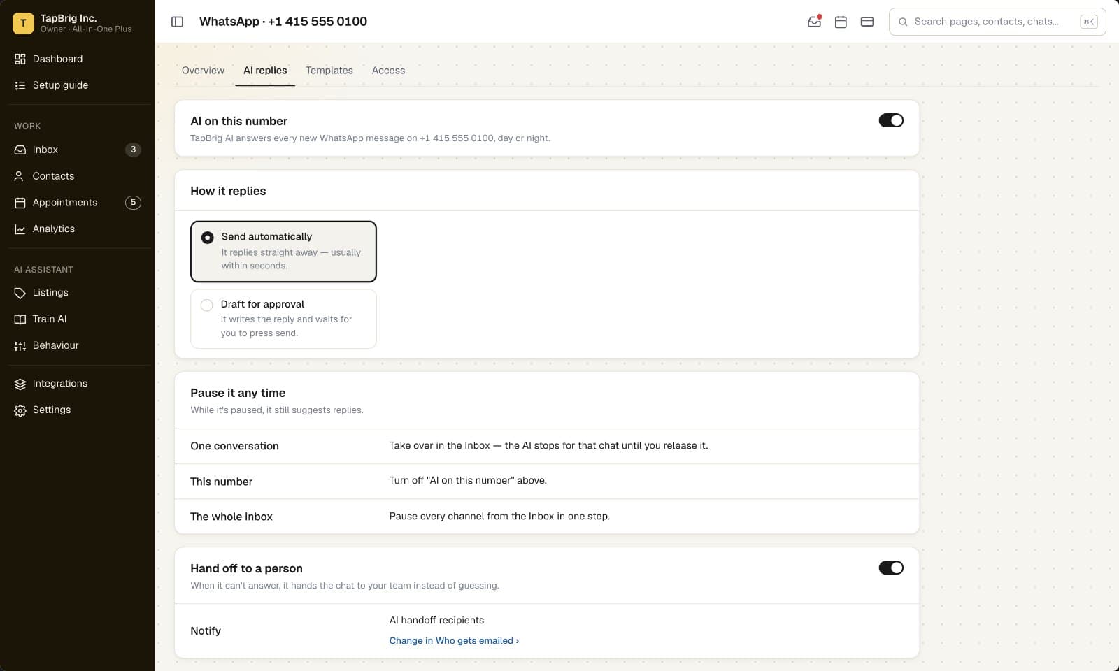 AI replies settings: send automatically or draft for approval, pause, hand off