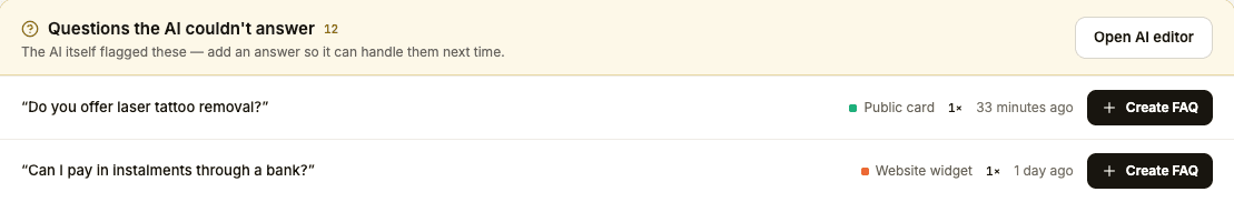 The question lands in Questions the AI couldn't answer