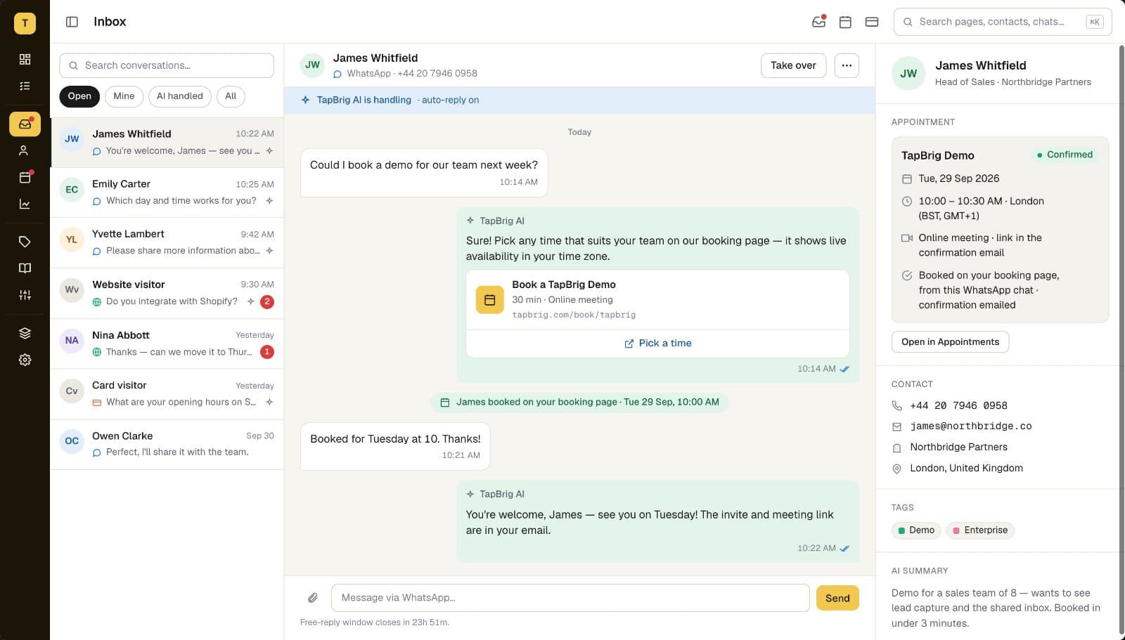 The AI sends the booking page in a WhatsApp chat and the customer books