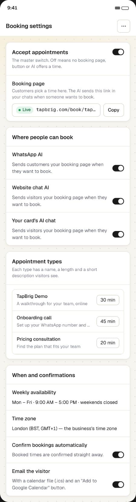 Booking settings on a phone: where people can book, appointment types, availability