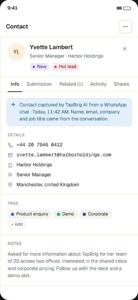 A contact captured by the AI from a WhatsApp chat, marked Hot