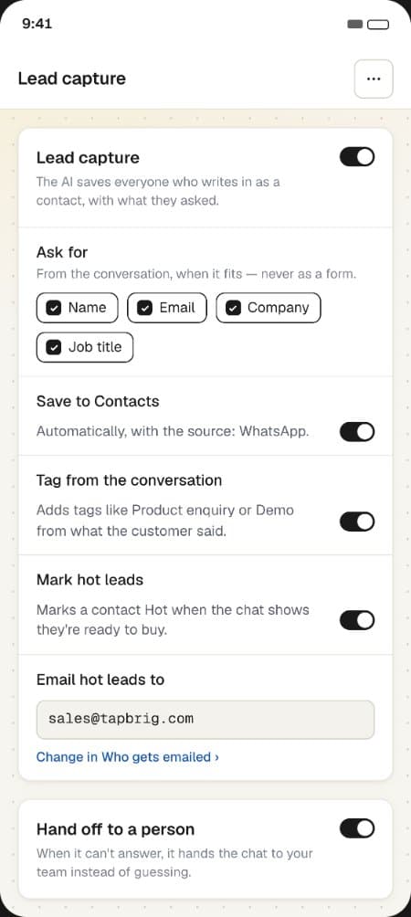 Lead capture settings on a phone: save to Contacts, tag from the conversation, mark hot leads